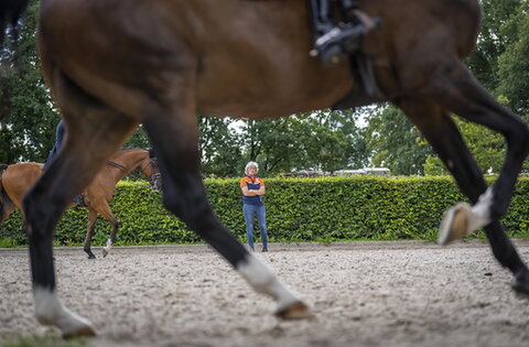 Marion Schreuder geeft les aan een combinatie in de rijbaan