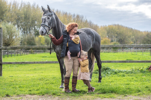 een amazone maakt met haar paard kennis met de cross