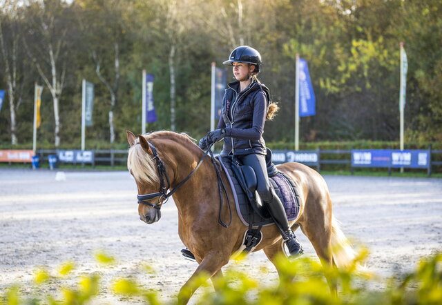 ellen van pinxteren rijdt een travers met haar pony madame magic